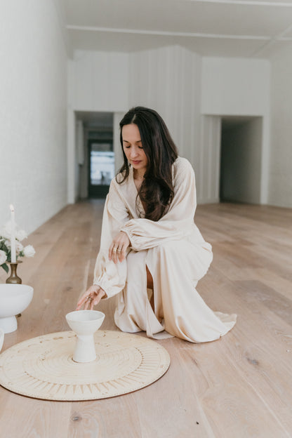 women wearing Goddess inspired champagne silk wrap dress
