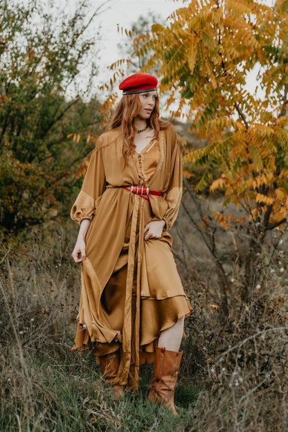 women wearing Golden silk wrap dress with flowing balloon sleeves
