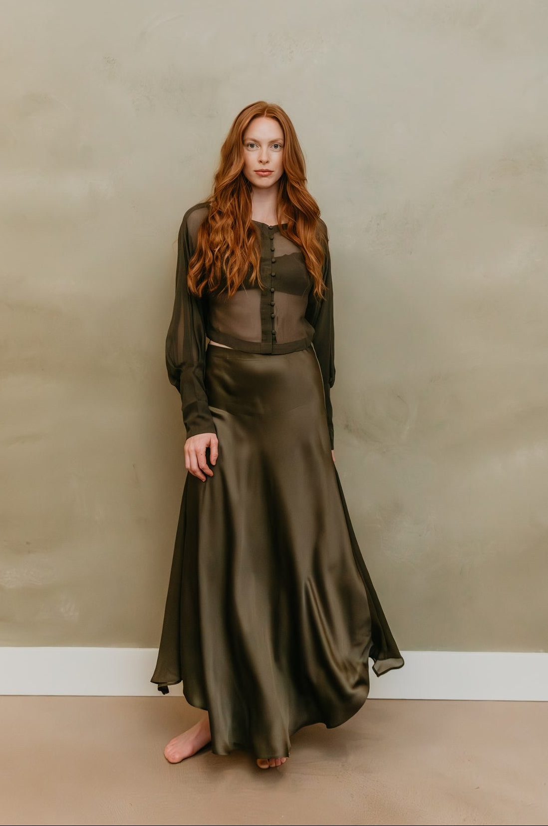 women wearing viscose skirt with beautiful chiffon silk blouse 