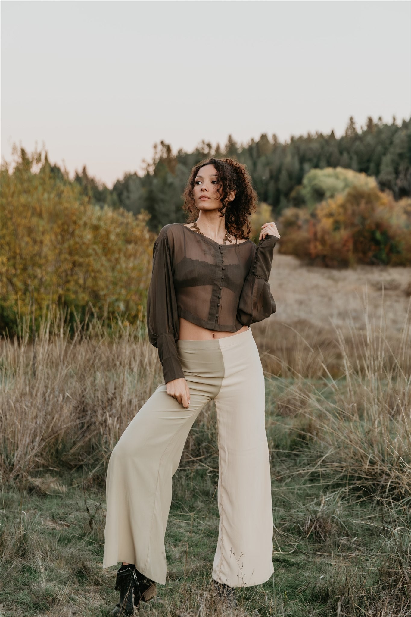 women wearing silk chiffon top with beautiful to tune color wide leg pants in silk