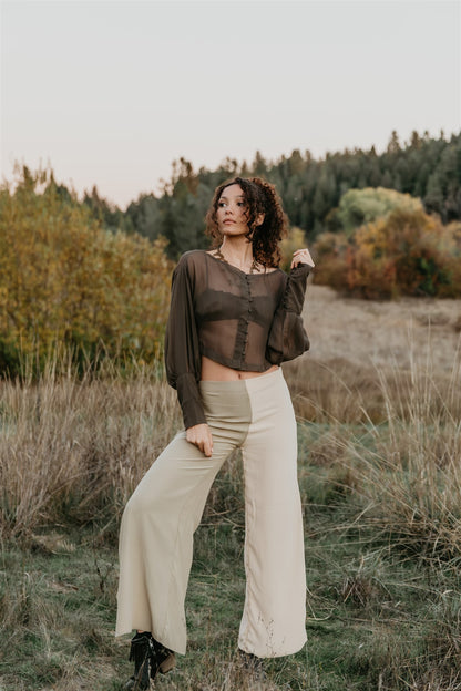 women wearing silk chiffon top with beautiful to tune color wide leg pants in silk