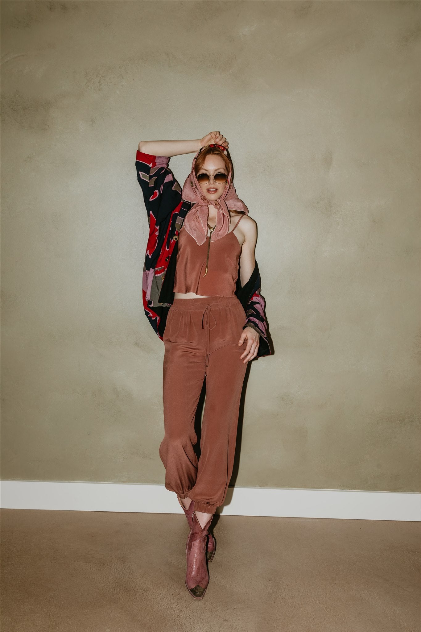 Zola peace silk drawstring pants in Plum by Payet Maison, elegant flowing silk trousers in a relaxed silhouette.
