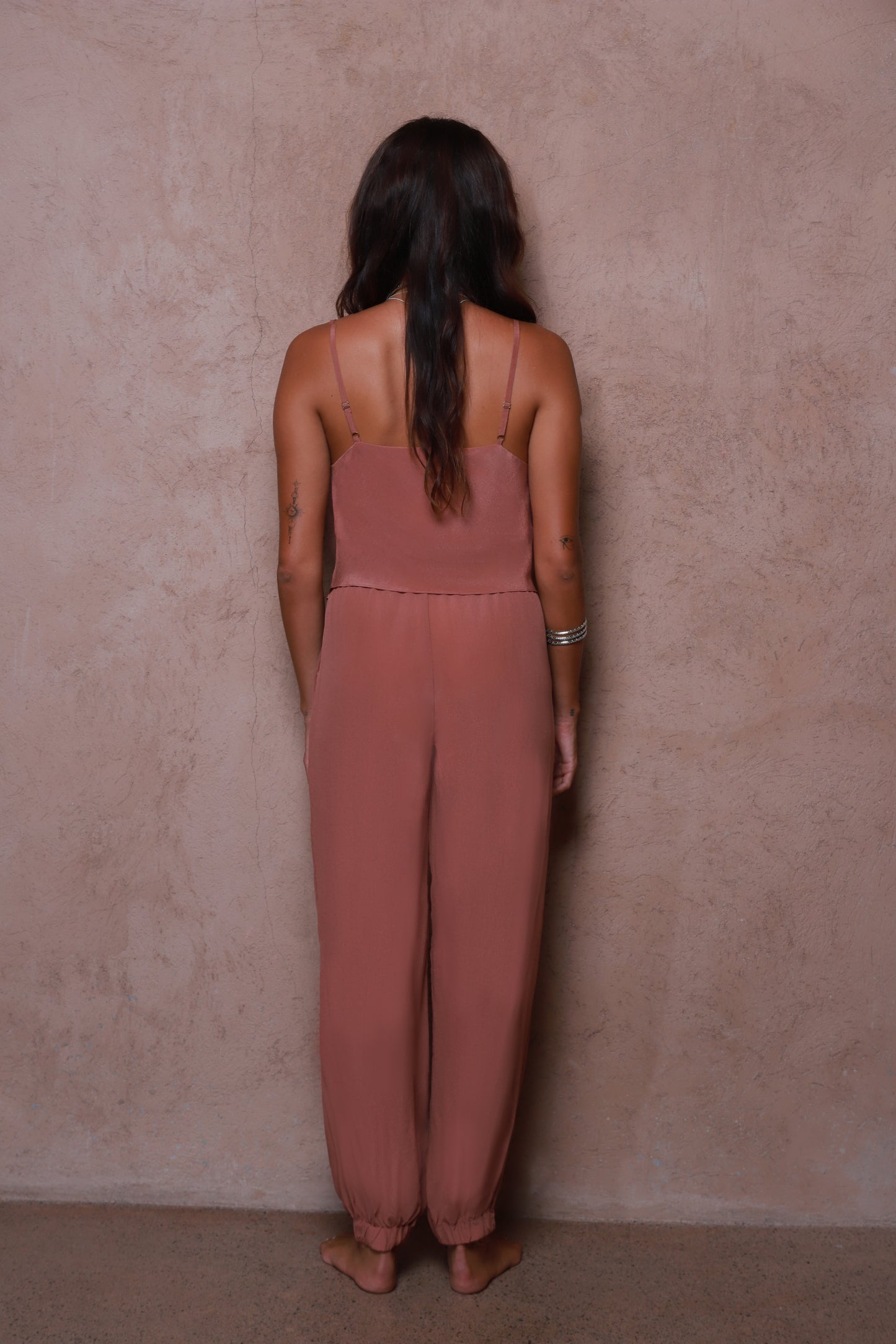 Plum Zola silk trousers by Payet Maison featuring relaxed fit and adjustable drawstring waist.
