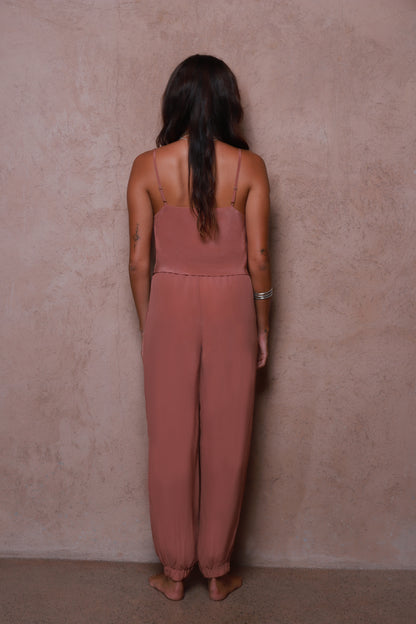 Plum Zola silk trousers by Payet Maison featuring relaxed fit and adjustable drawstring waist.
