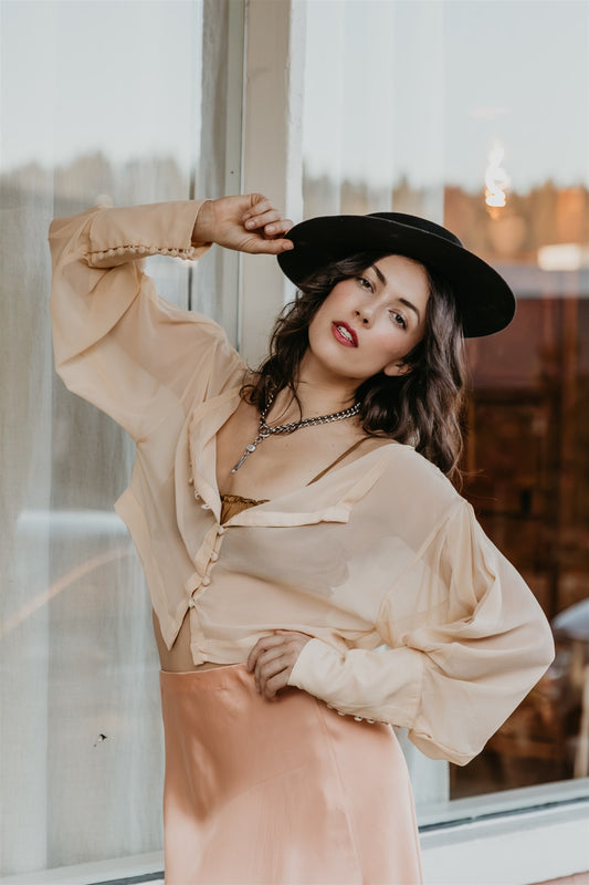 women wearing airy silk chiffon blouse relaxed fit elegant outfit