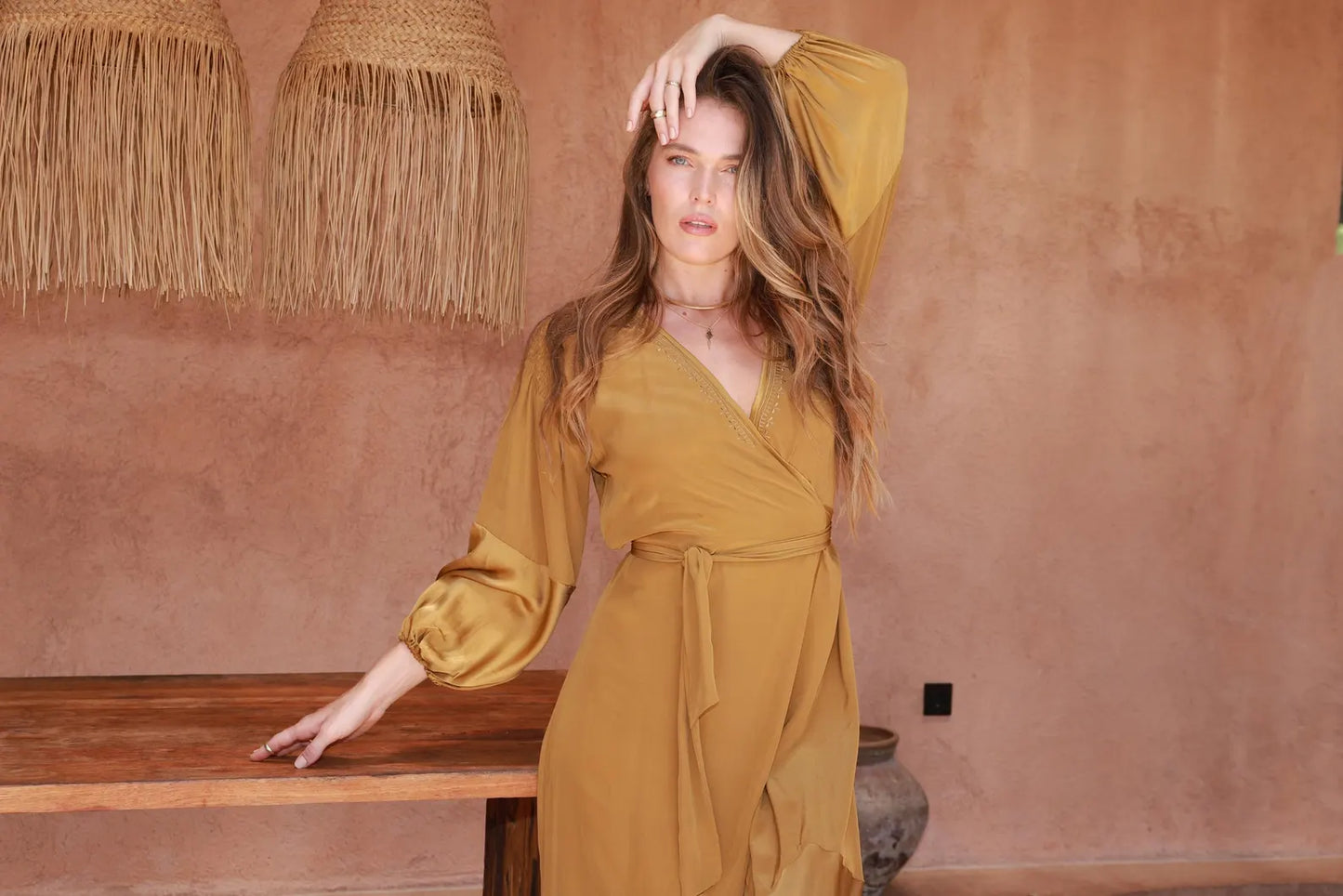 Astra Silk Wrap Dress - Brass