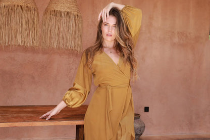 Astra Silk Wrap Dress - Brass